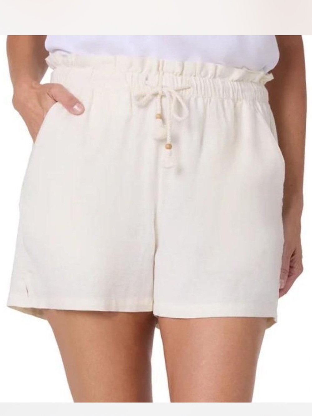 Hang Ten Cream Drawstring High-Waist Linen-Blend Shorts